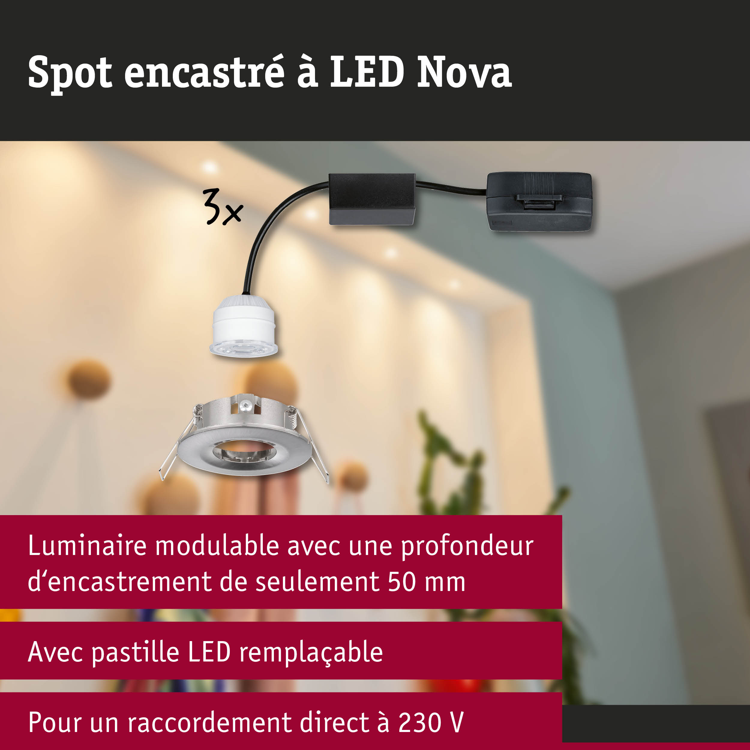 Spot encastré LED Nova modulable en métal argenté avec pastille LED remplaçable et connexion 230 V
