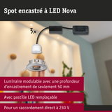 Spot encastré LED Nova modulable en métal argenté avec pastille LED remplaçable et connexion 230 V