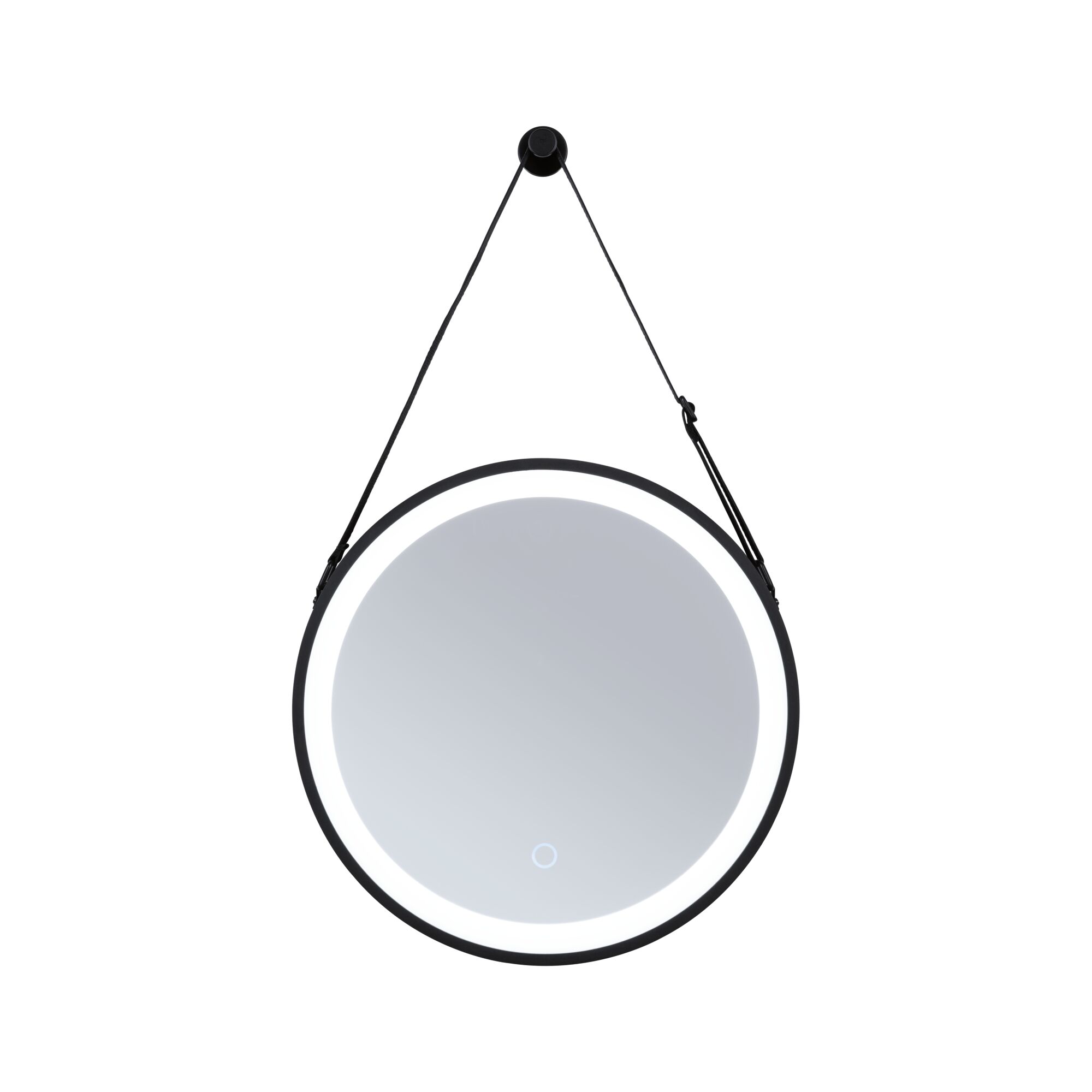 Round LED mirror with black frame and adjustable hanging strap for modern bathroom lighting