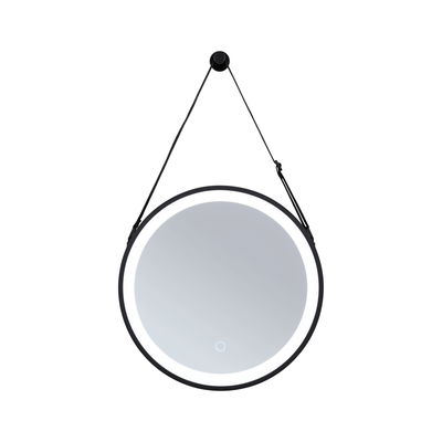 Round LED mirror with black frame and adjustable hanging strap for modern bathroom lighting