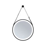 Round LED mirror with black frame and adjustable hanging strap for modern bathroom lighting
