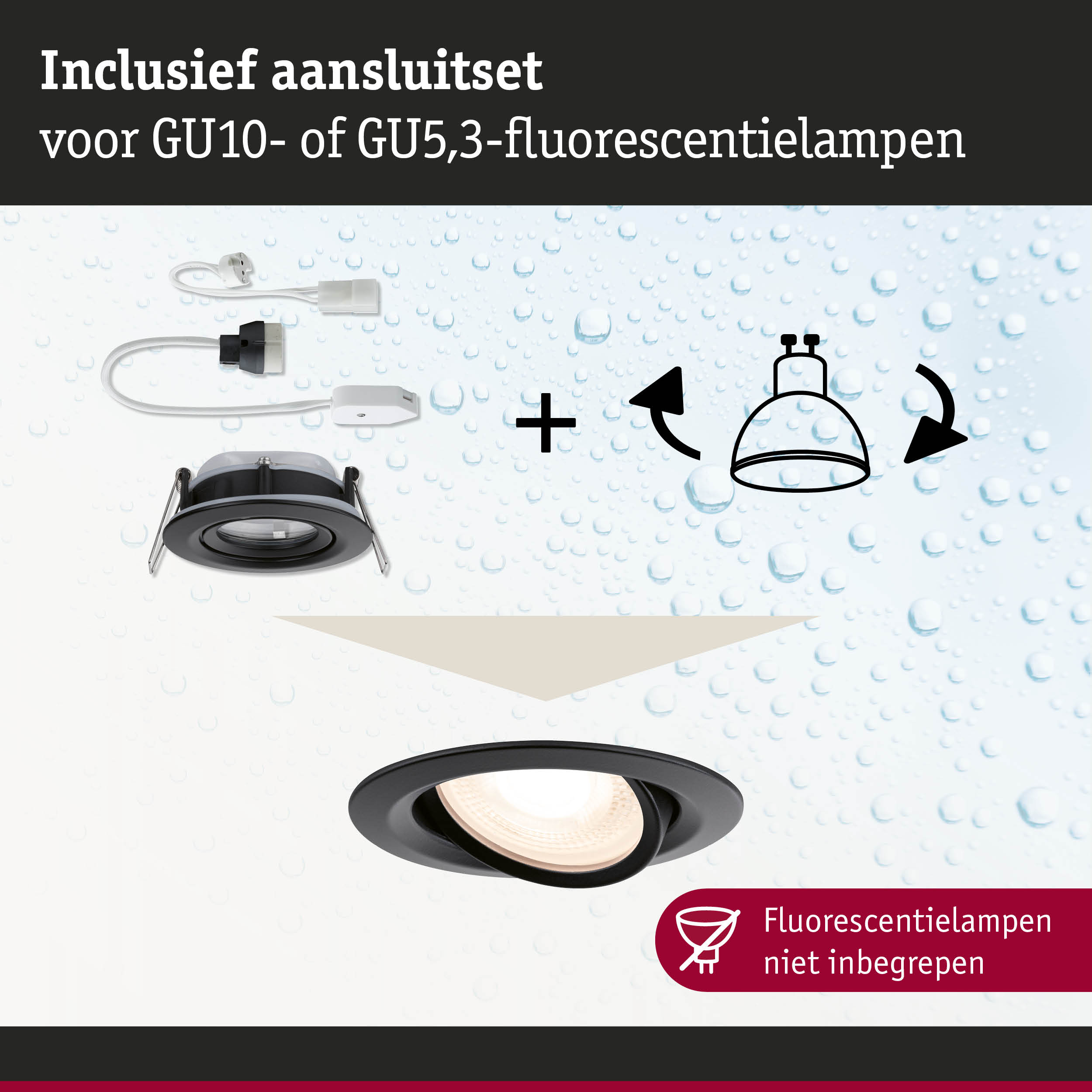 Zwarte inbouwspot met GU10- en GU5,3-aansluitkabels voor LED- en fluorescentielampen