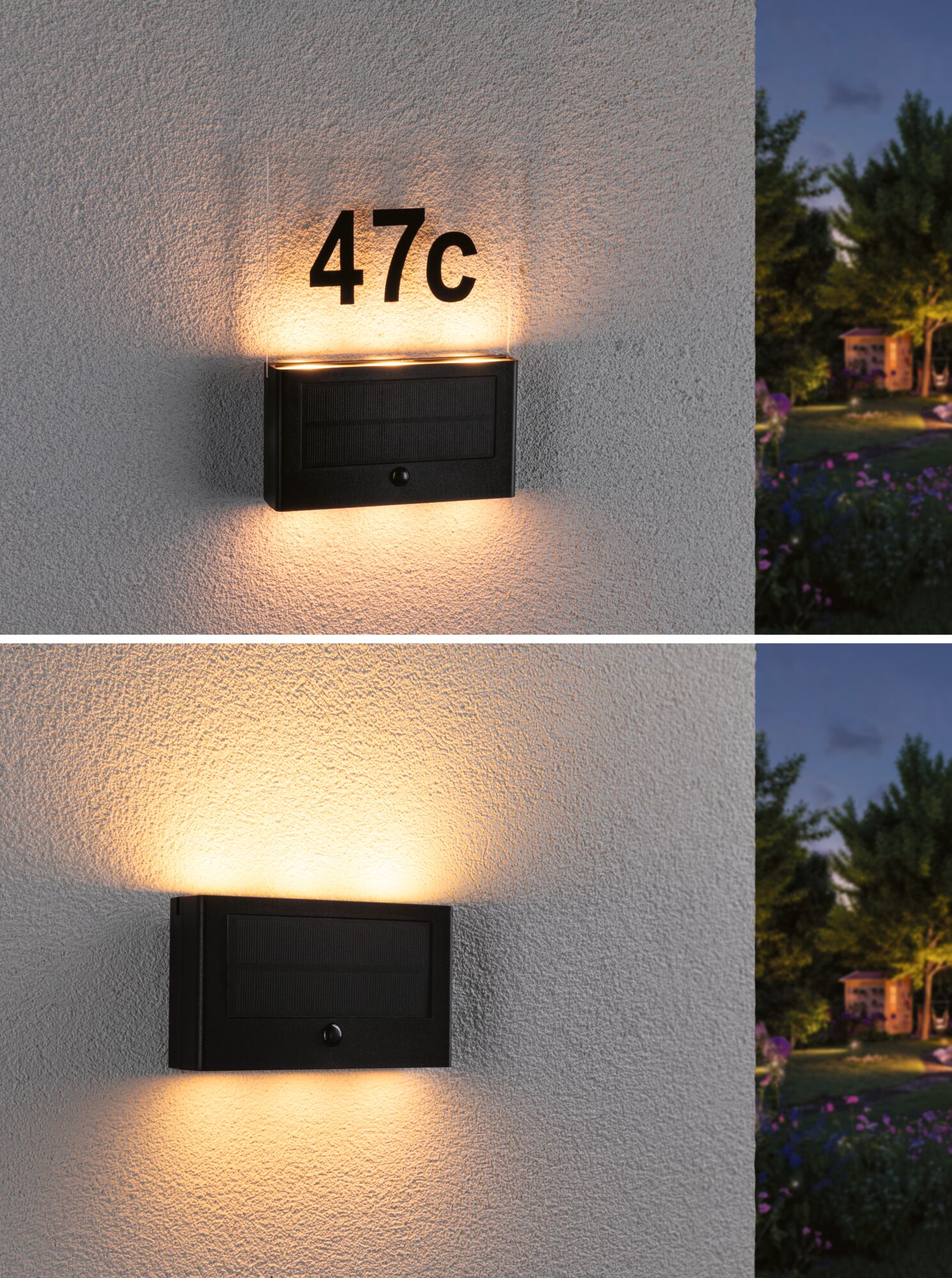 Black solar wall light with warm white LED and house number 47c on exterior wall at dusk