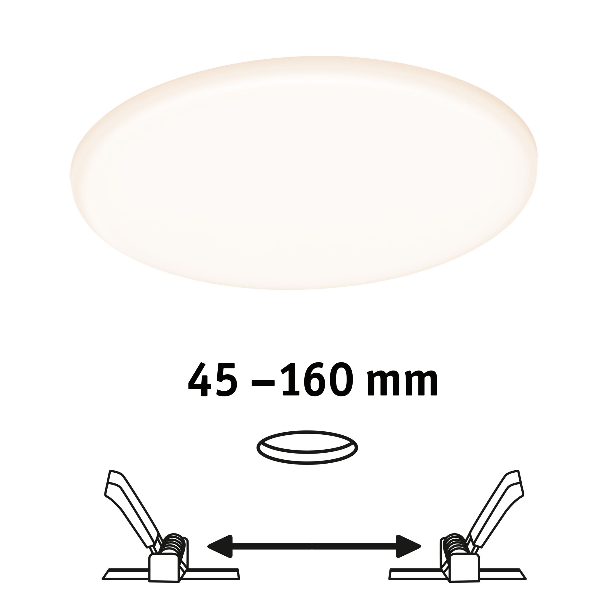 Round white LED ceiling light with adjustable installation size 45 to 160 mm for living spaces