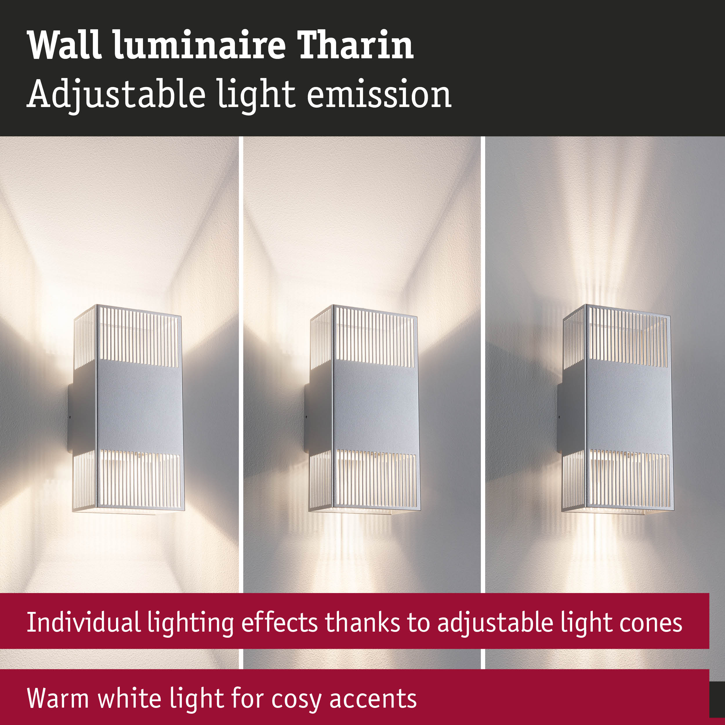 White metal wall luminaire Tharin with adjustable light emission and warm white light for cozy accents