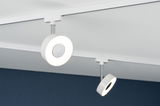 Moderne weiße LED-Deckenschiene mit runden, dimmbaren Spots für flexibles Raumlicht.