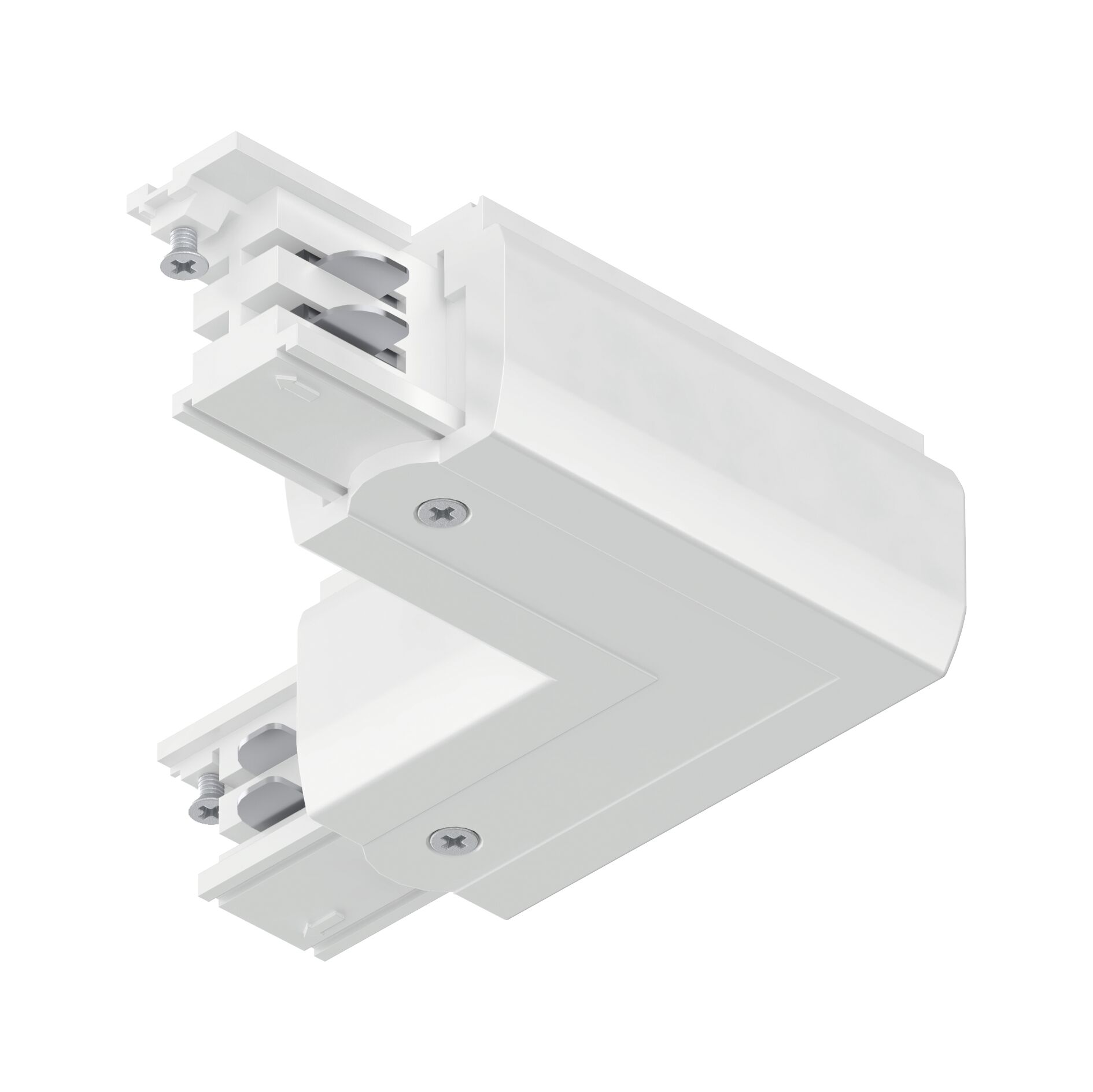 Weißes Kunststoff-Eckverbinder-Element mit Schrauben für Schienensysteme und LED-Beleuchtung