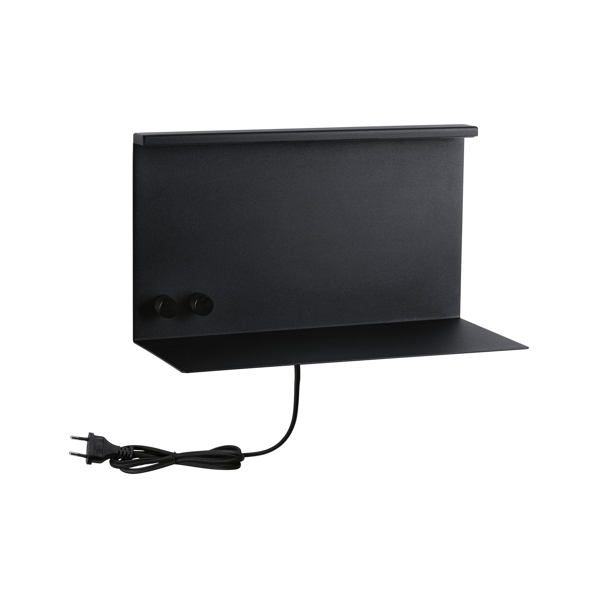 Schwarze Metall-Wandleuchte mit flachem Regal und zwei Drehknöpfen, LED Wandlampe mit Kabel