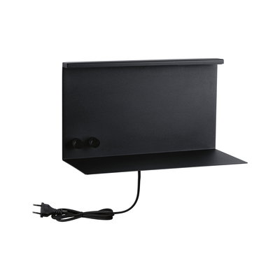 Black metal wall light with flat shelf and two rotary knobs, LED wall lamp with cable
