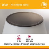 White solar-powered lamp with black rim and battery charging via solar radiation, no energy costs