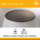 White solar-powered lamp with black rim and battery charging via solar radiation, no energy costs