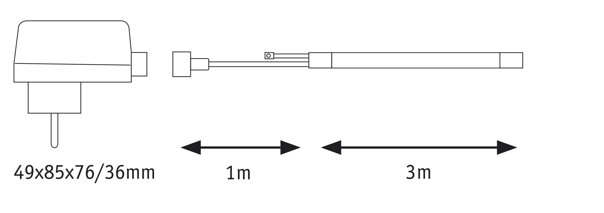Technische Zeichnung eines Steckernetzteils mit 49x85x76 mm Maßen und 1 m plus 3 m Kabel.