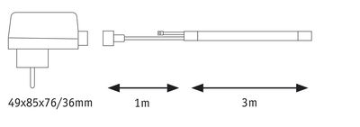 Teknisk tegning af strømforsyning på 49x85x76 mm med 1 m og 3 m kabler.