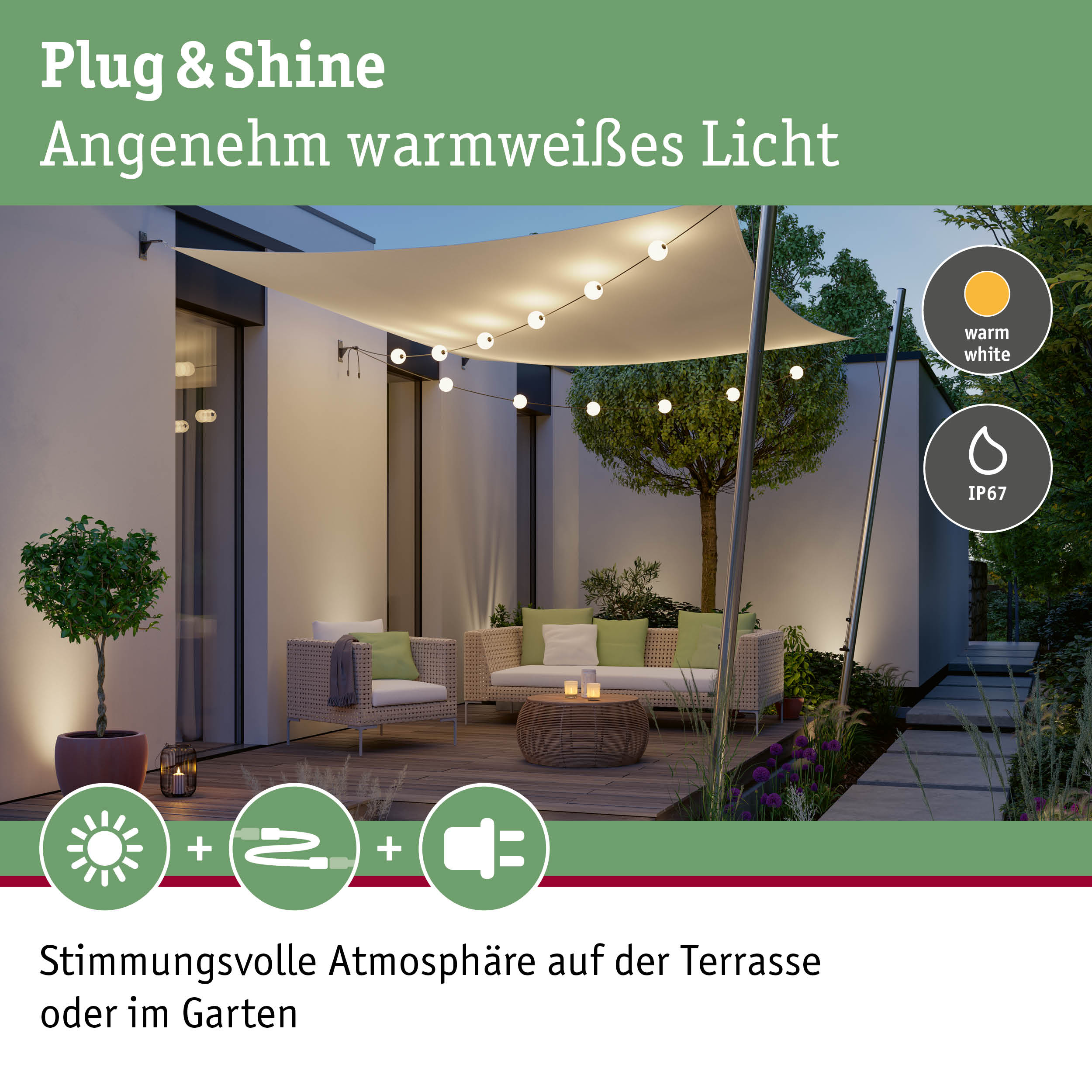 Gemütliche Terrasse mit warmweißem Plug & Shine LED-Lichterkette für stimmungsvolle Gartenbeleuchtung