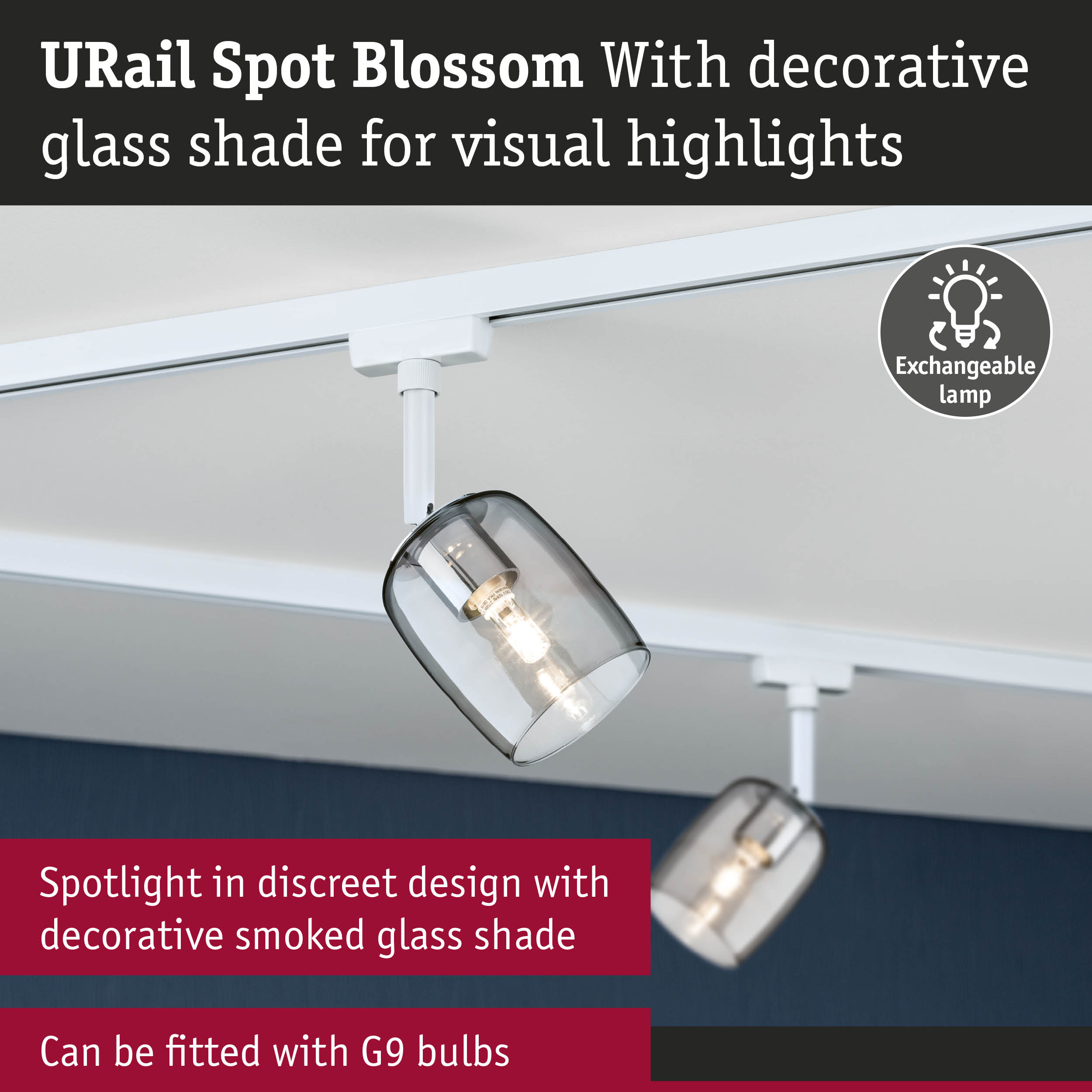 URail Spot Blossom ceiling spotlight with decorative smoked glass shade and exchangeable lamp