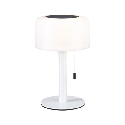Weiße Tischlampe aus Metall mit rundem Schirm und Zugschalter für modernes Wohnambiente