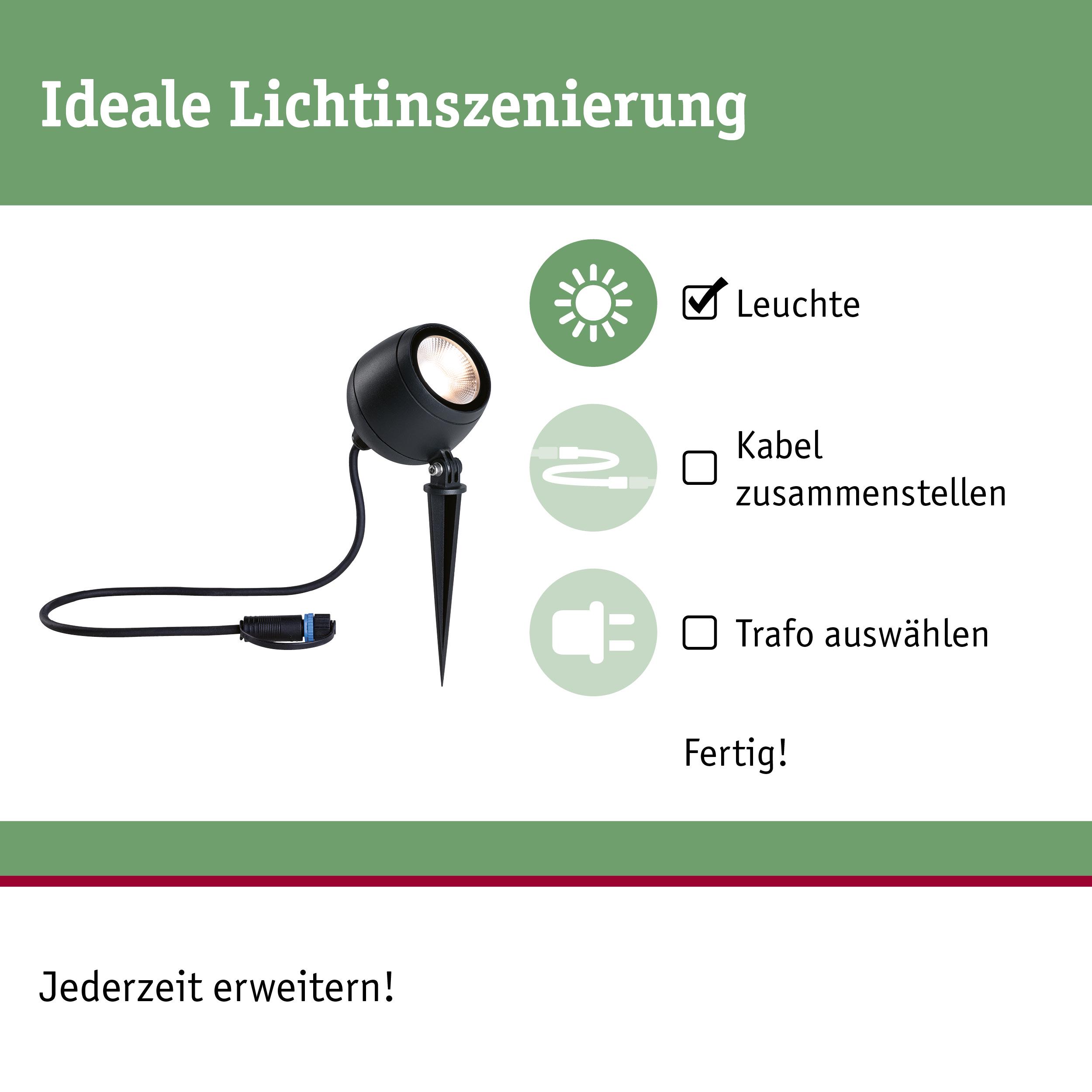 Schwarze LED-Gartenleuchte mit Erdspieß und Kabel für einfache Außenbeleuchtung und Lichtinszenierung