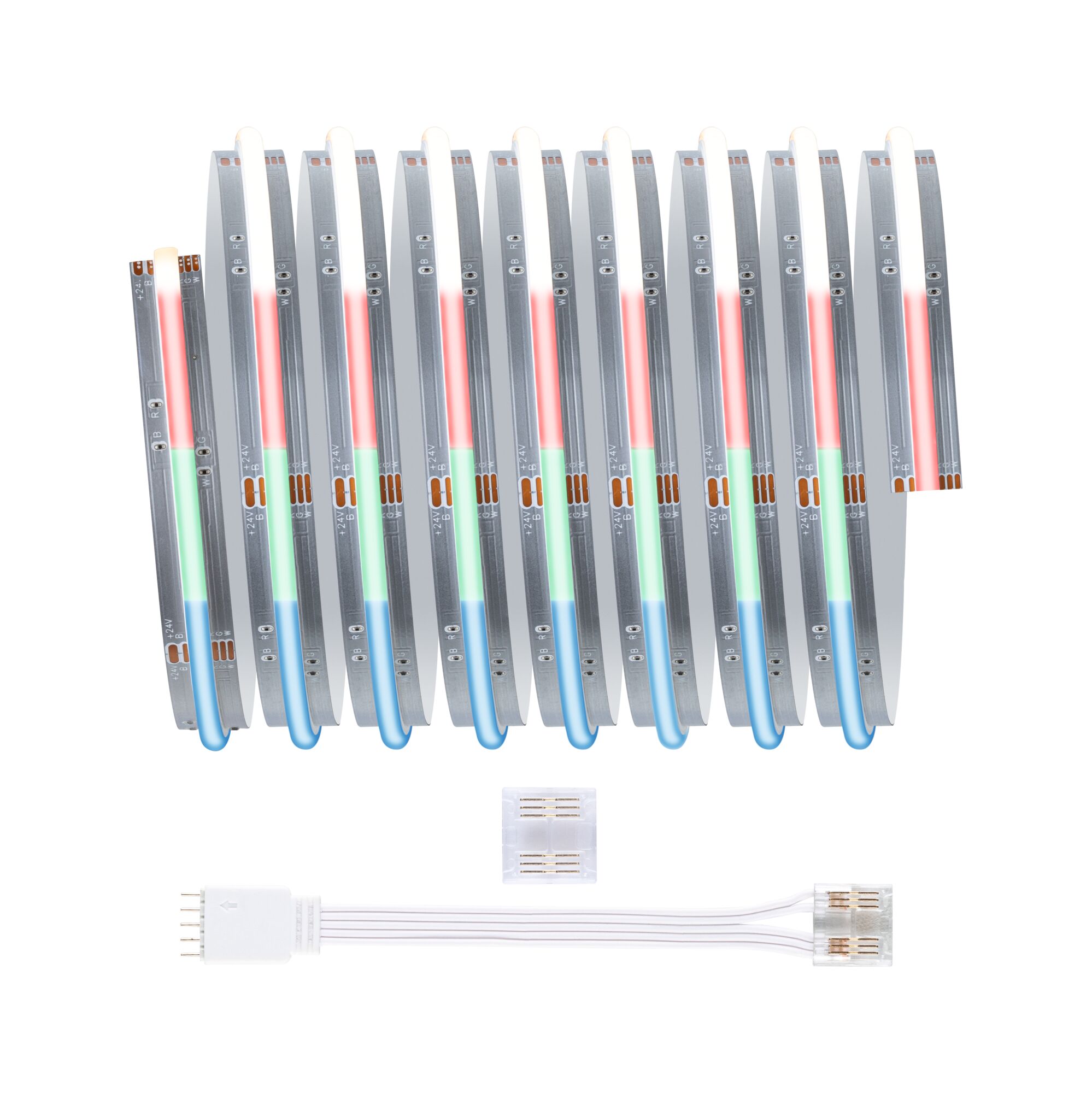 Multicolour LED light strips with connector and cable for versatile interior lighting solutions