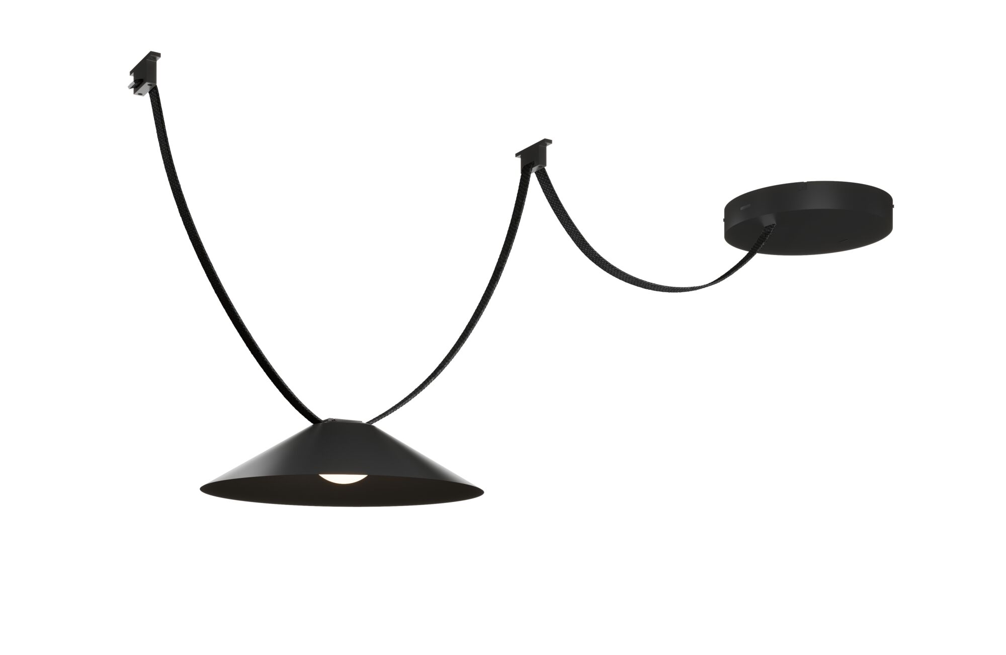 Schwarze LED-Deckenleuchte mit konischem Metallschirm und textilummanteltem Kabel für moderne Innenräume