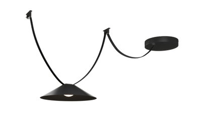 Black LED ceiling light with conical metal shade and fabric-covered cable for modern interiors