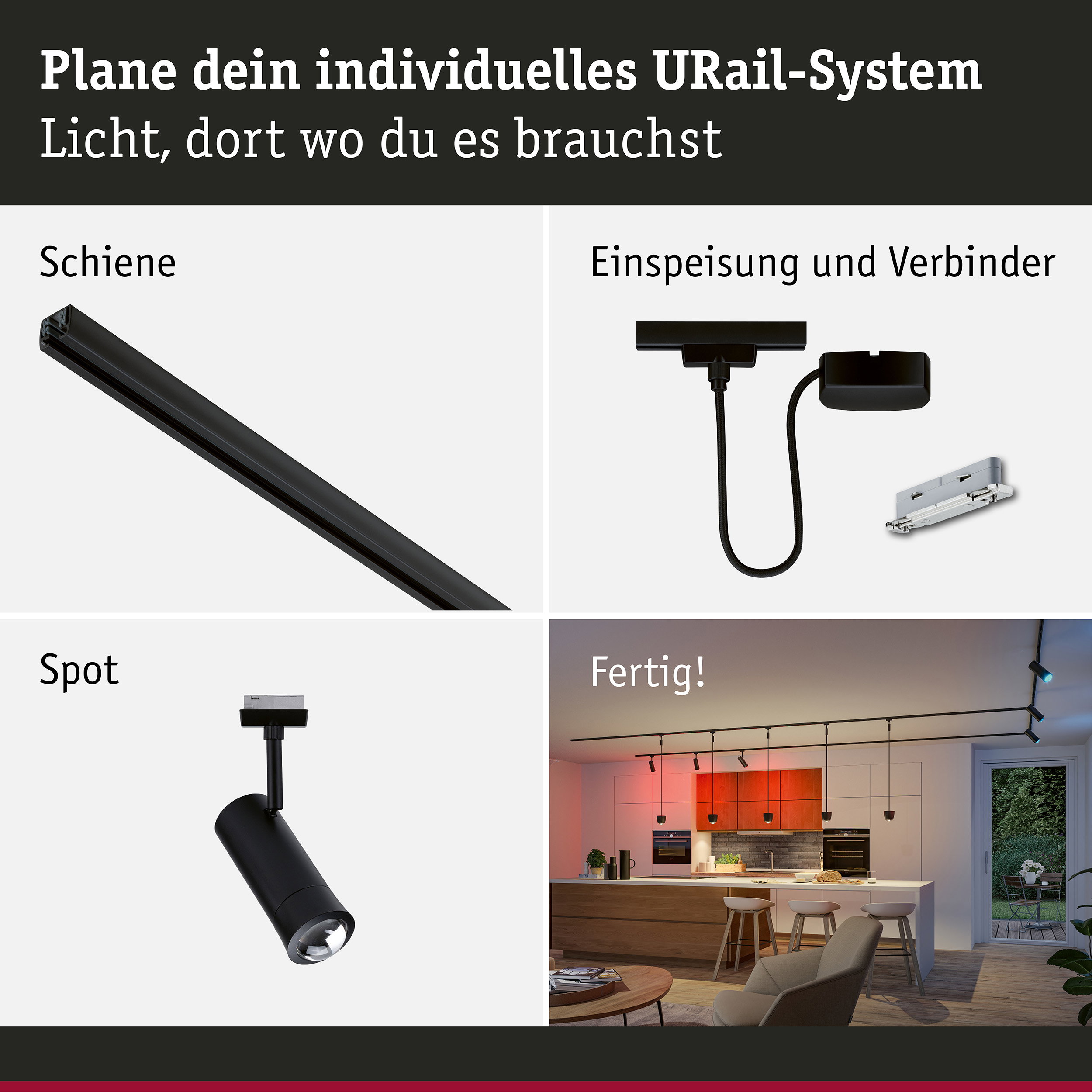 URail Schienenspot Smart Home Zigbee 3.0 Tarie Starterset Kabeleinspeisung 4x4,5W 230V Schwarz matt