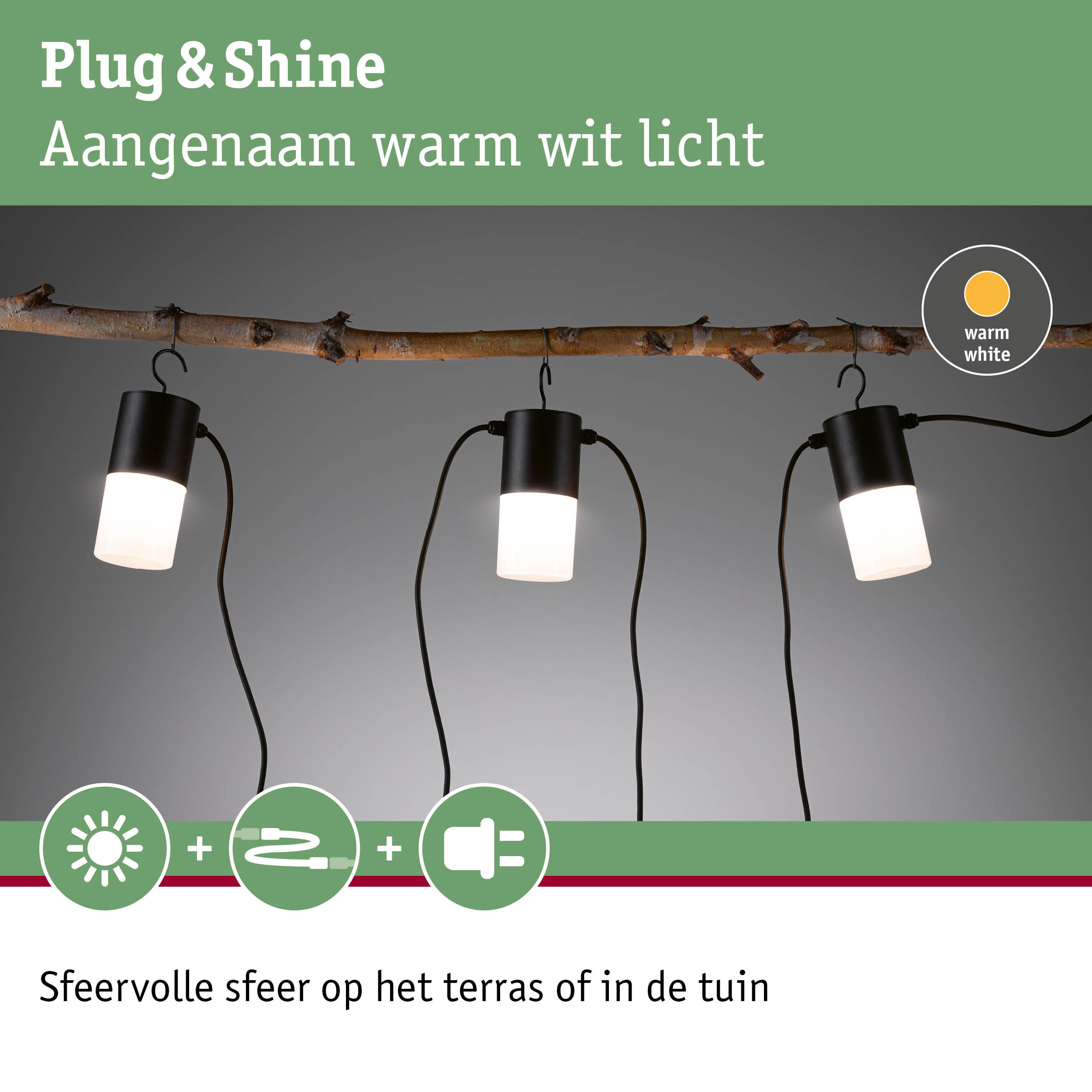 Zwarte Plug & Shine LED-lampen met warm wit licht aan natuurlijke houten tak voor tuinverlichting