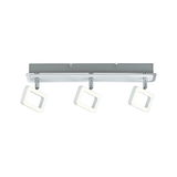 Moderne LED-Deckenleuchte mit drei verstellbaren quadratischen Leuchtflächen in Weiß und Chrom.