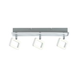Moderne LED-Deckenleuchte mit drei verstellbaren quadratischen Leuchtflächen in Weiß und Chrom.