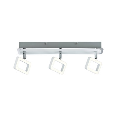 Moderne LED-Deckenleuchte mit drei verstellbaren quadratischen Leuchtflächen in Weiß und Chrom.