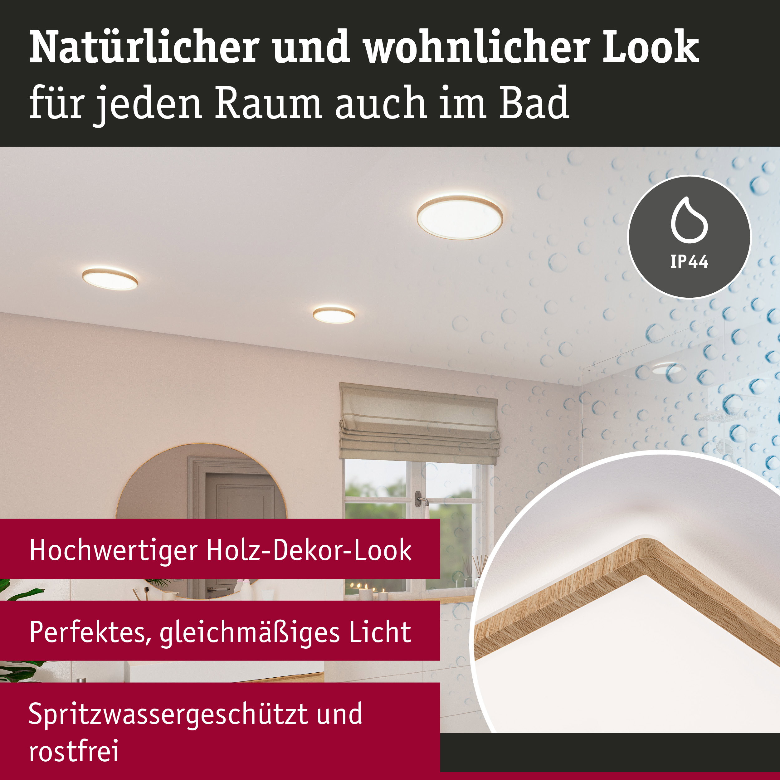 Deckenleuchte mit hochwertigem Holz-Dekor-Look in natürlichem Braun, spritzwassergeschützt für Badezimmer