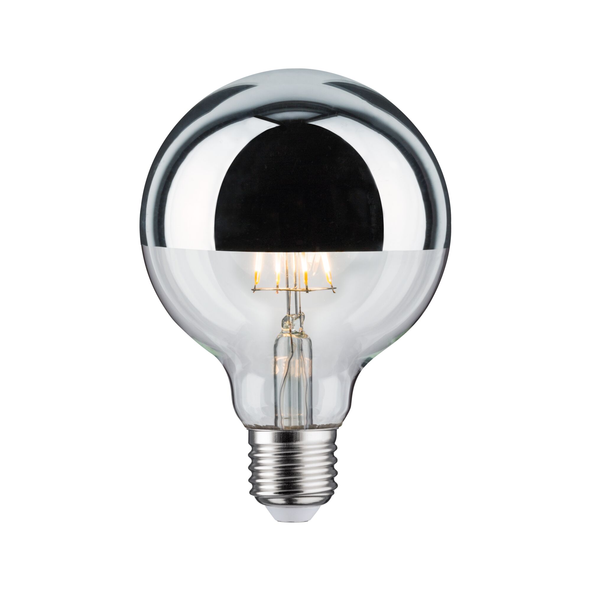 Half-mirrored LED bulb with E27 base made of clear glass for energy-efficient lighting