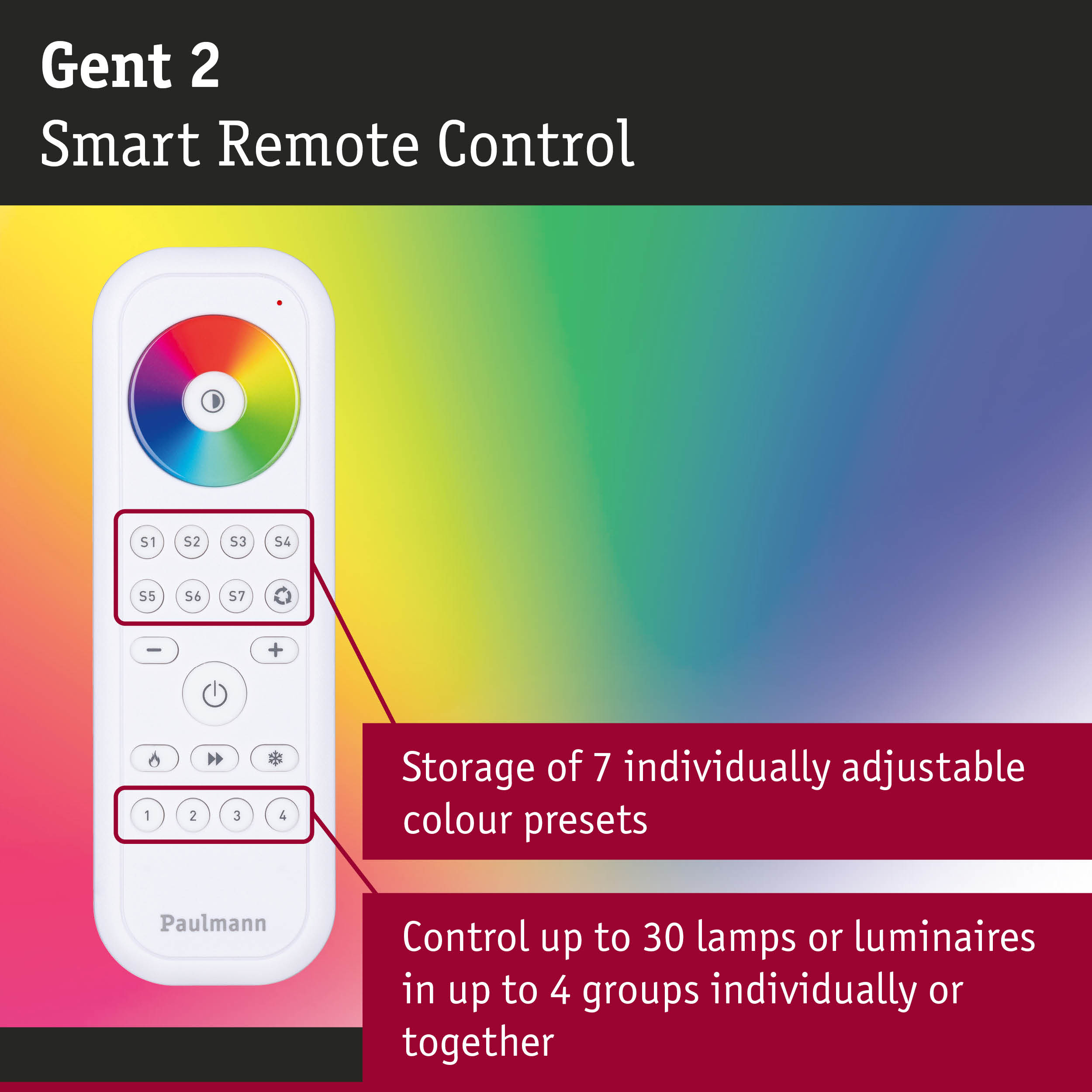 White Gent 2 Smart remote control with color wheel and seven adjustable color presets for lighting control