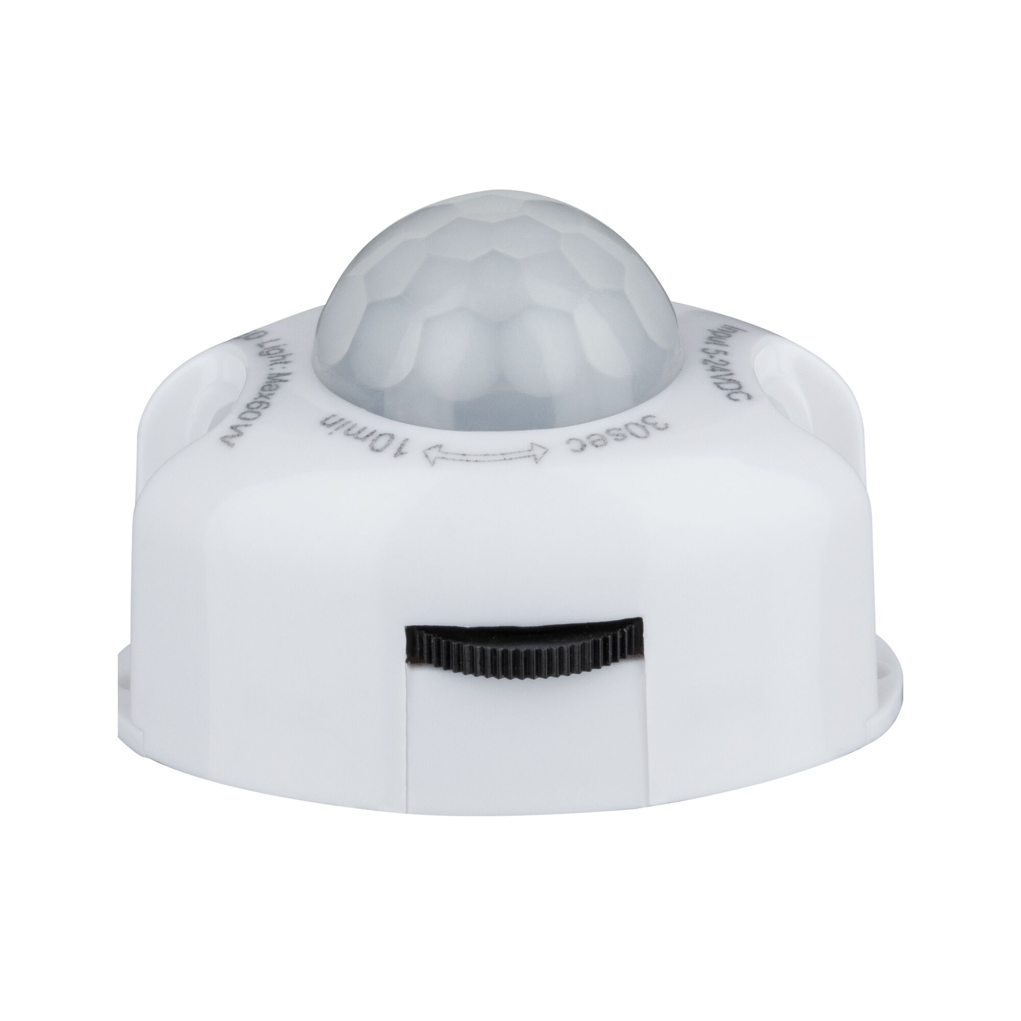 White plastic motion sensor with dome lens and adjustment dial for light control