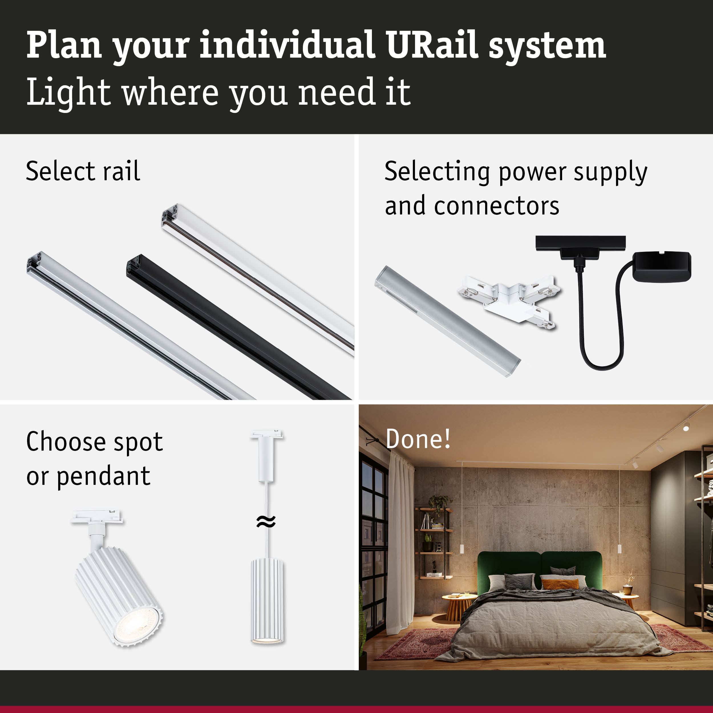 Step-by-step guide to plan URail track system with rails, power supply, and spot or pendant lights.