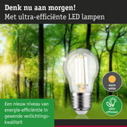 Ultra-efficiënte LED-lamp met warm wit licht tegen een groene bosachtergrond
