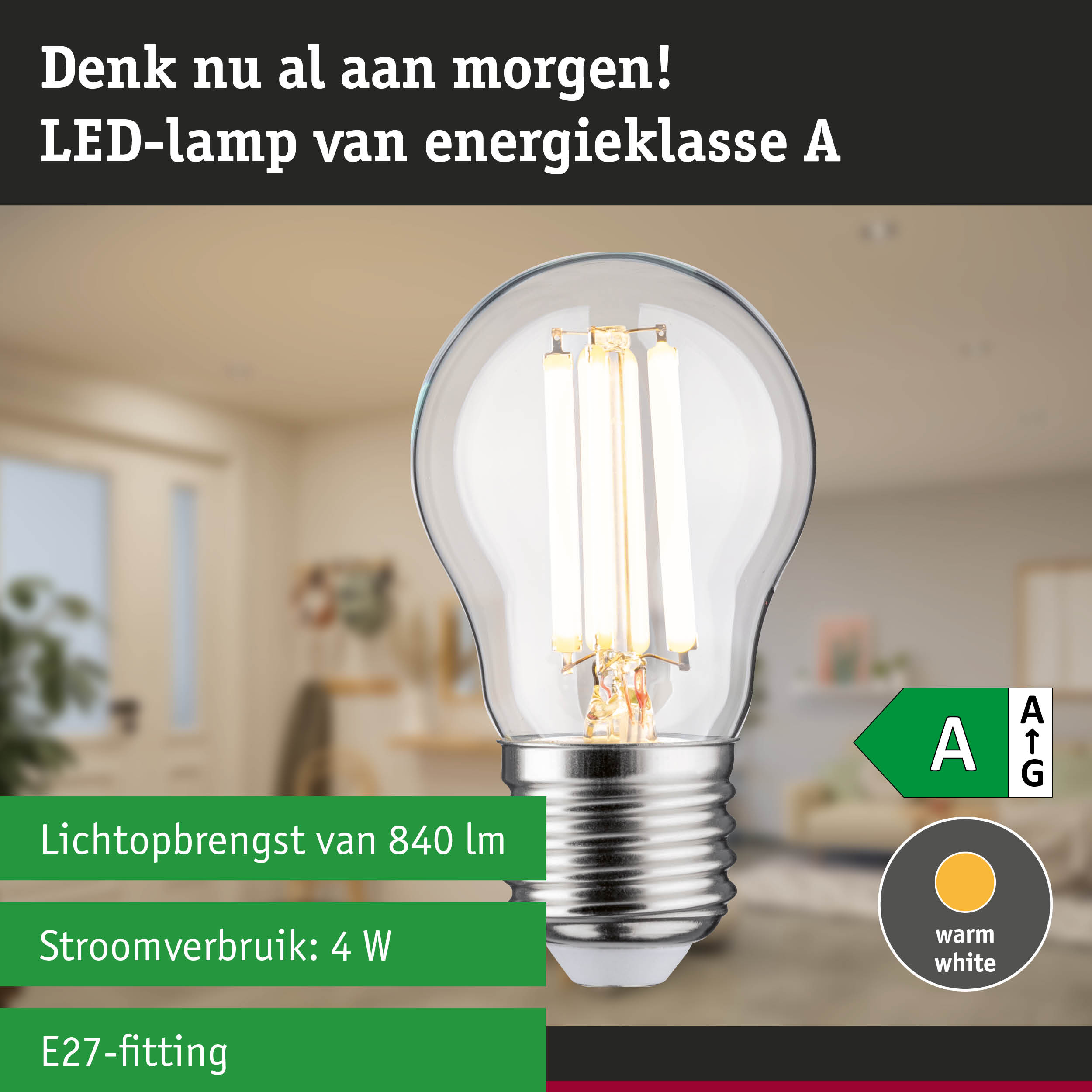 Ultra-efficiënte LED-lamp met warm wit licht tegen een groene bosachtergrond