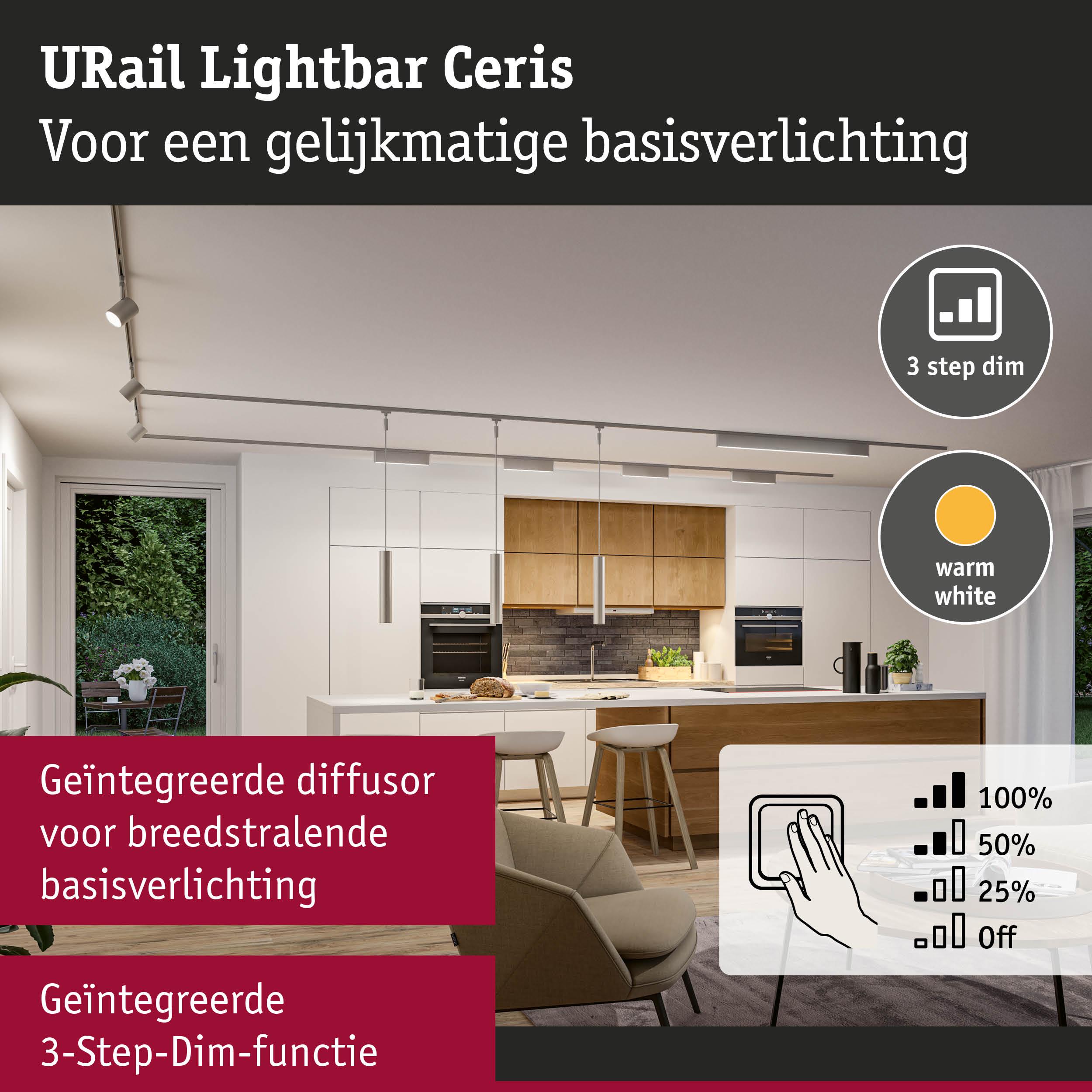 Moderne keuken verlicht met URail Lightbar Ceris LED in warm wit met geïntegreerde 3-staps dimfunctie
