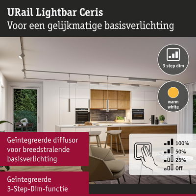 Moderne keuken verlicht met URail Lightbar Ceris LED in warm wit met geïntegreerde 3-staps dimfunctie