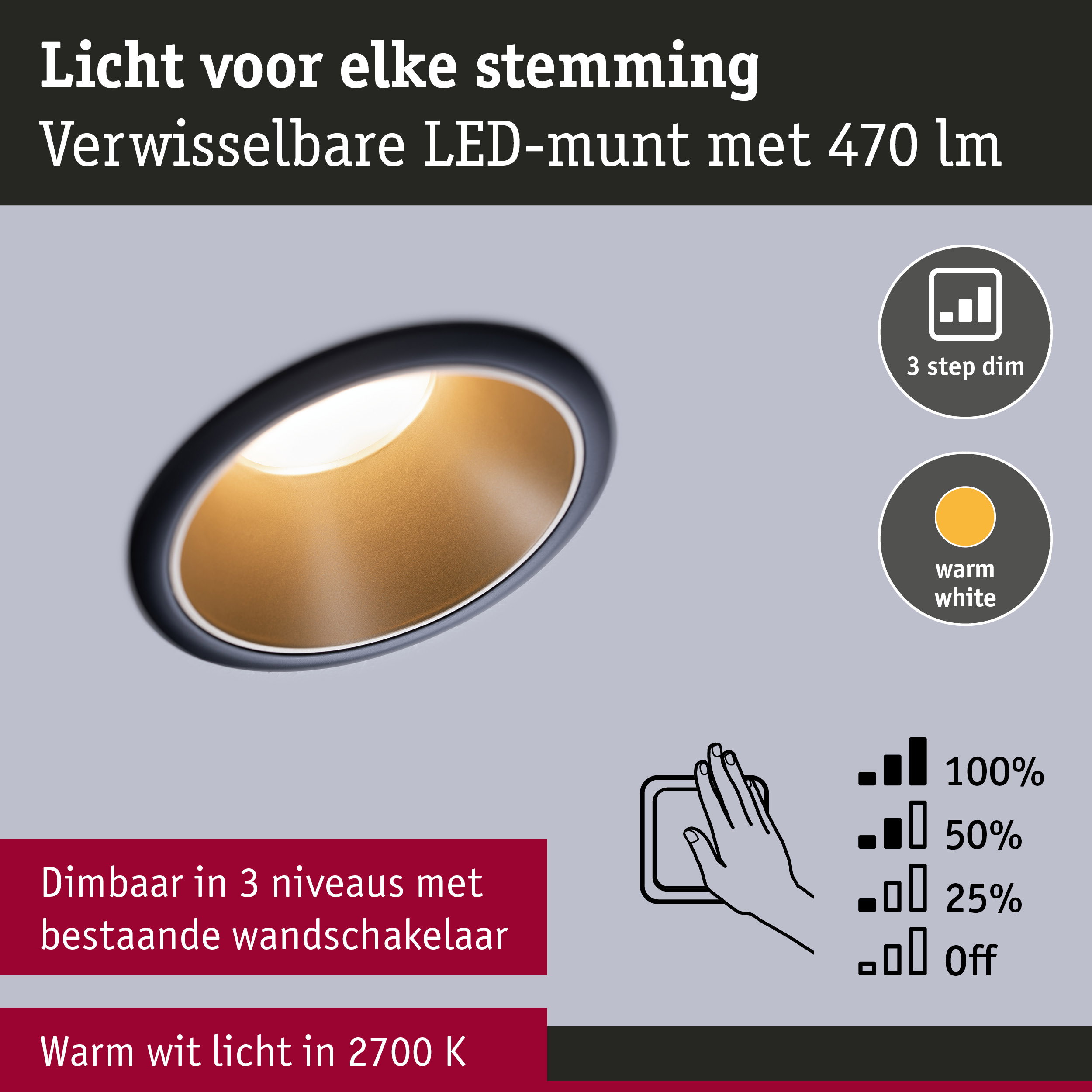 LED-lamp met verwisselbare LED-module, warm wit licht en 3-standen dimfunctie