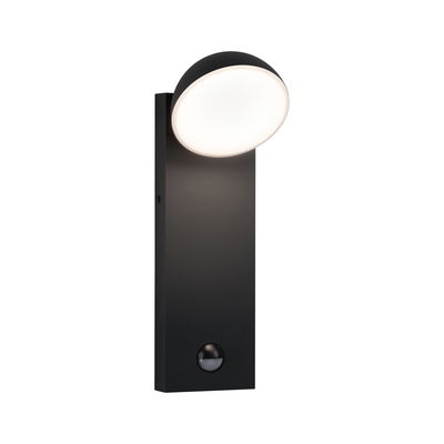 Modern black LED wall light with round diffuser and built-in motion sensor for outdoor use