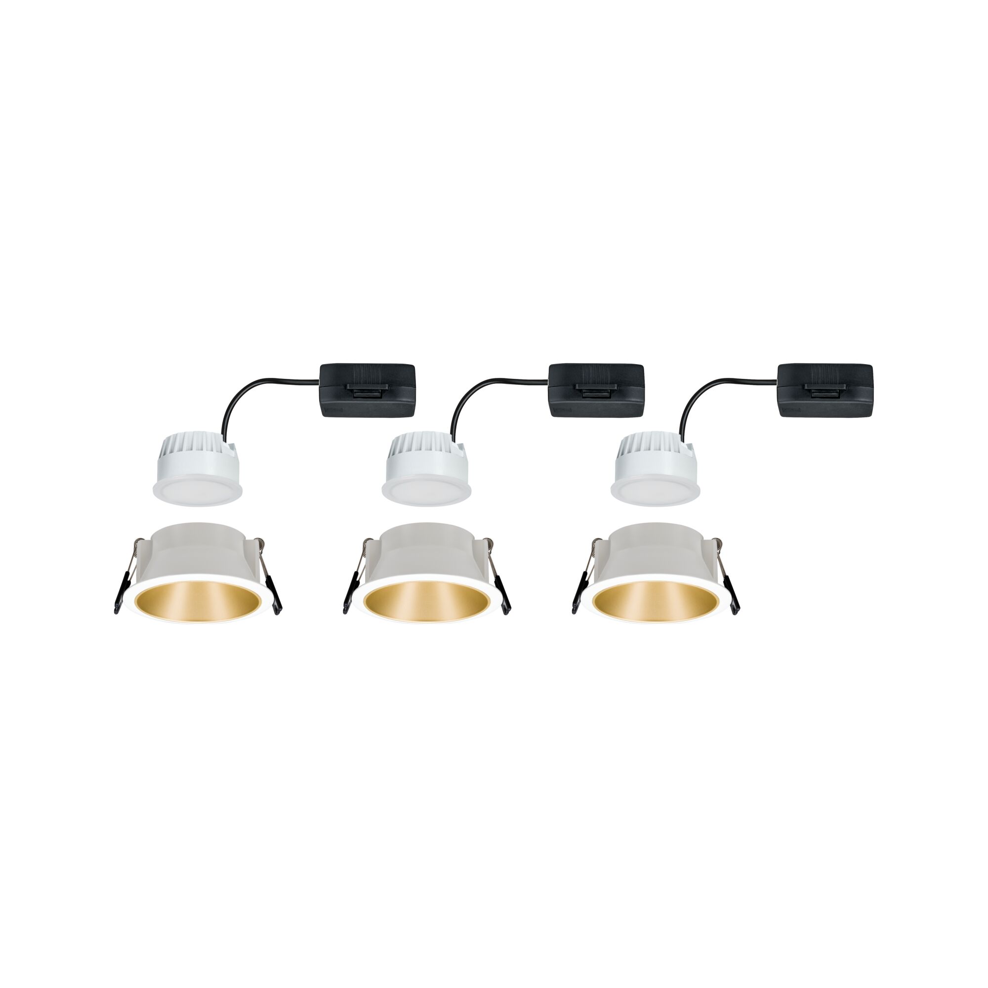 Trois spots encastrés LED blancs avec réflecteur doré et câble noir pour éclairage moderne