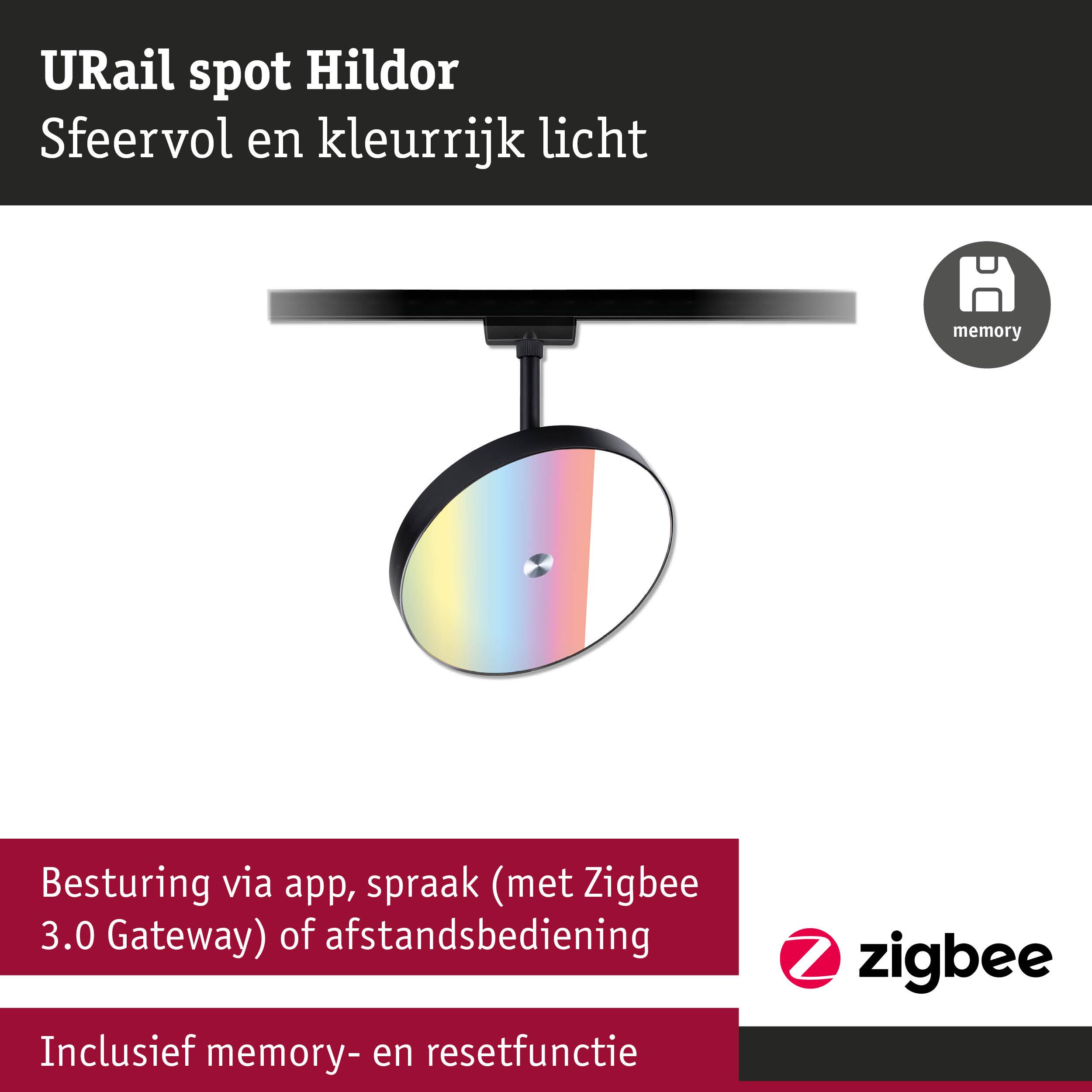 Zwarte URail spot Hildor met kleurrijk licht, bediening via app, spraak en afstandsbediening