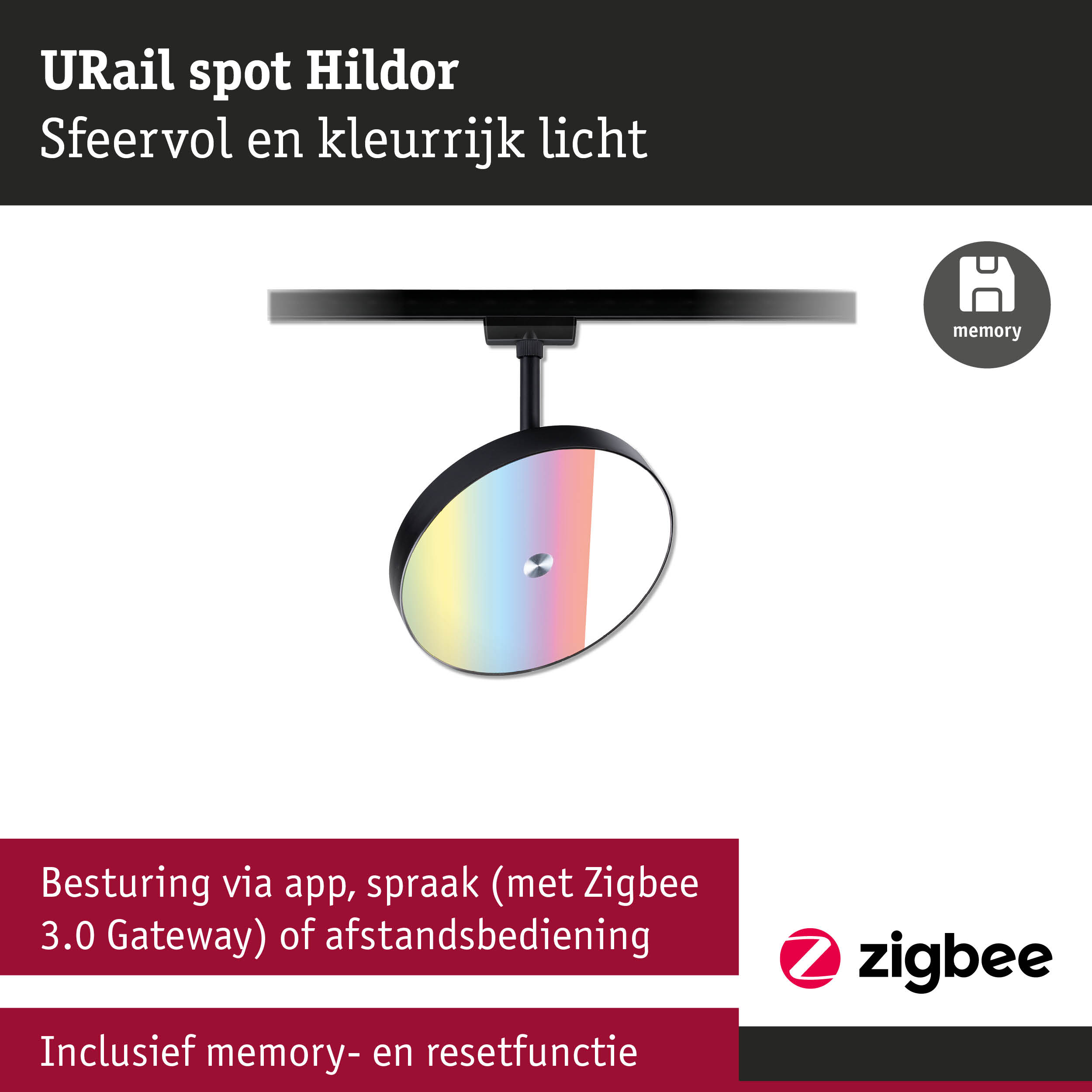 URail spot Hildor zwart metaal met kleurrijk licht voor slimme Zigbee app- en spraakbediening