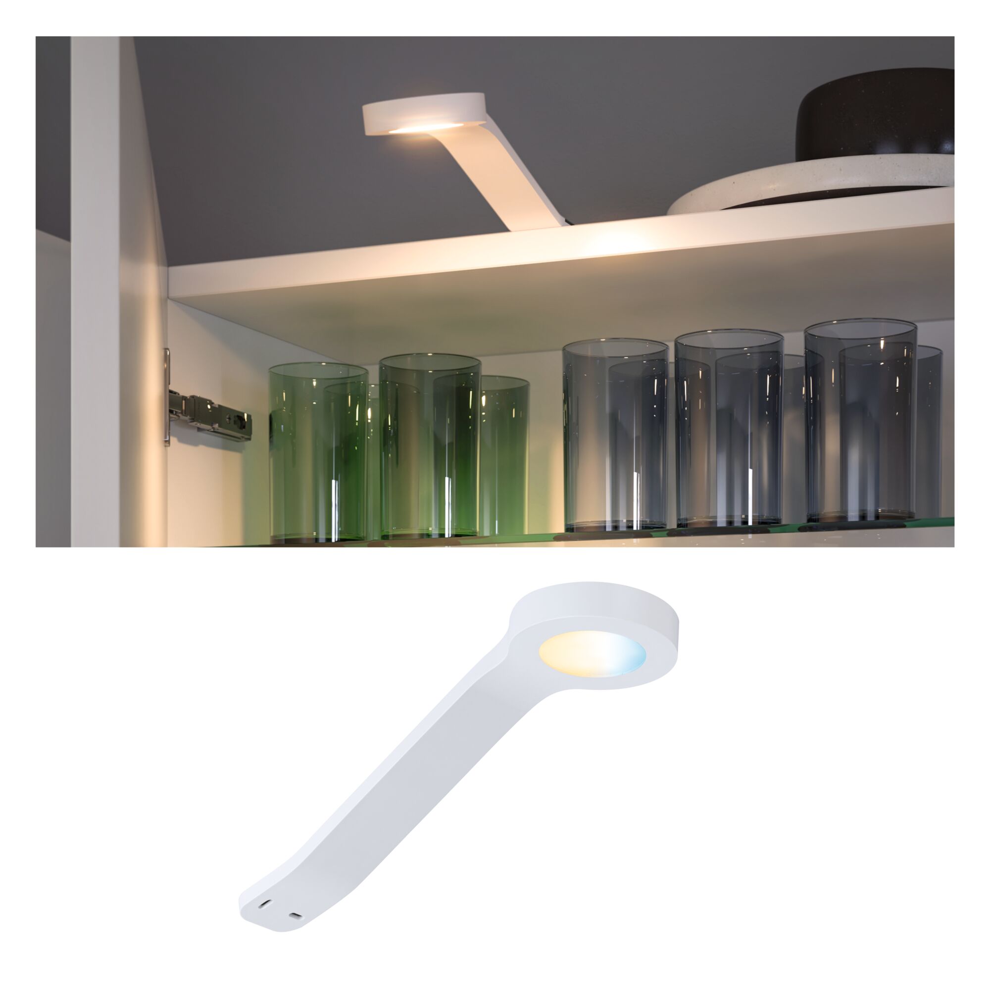 Clever Connect Spot LED Mike Tunable White 2W Blanc dépoli Lampe LED blanche sous meuble avec lumière blanc chaud pour étagères de cuisine et verres