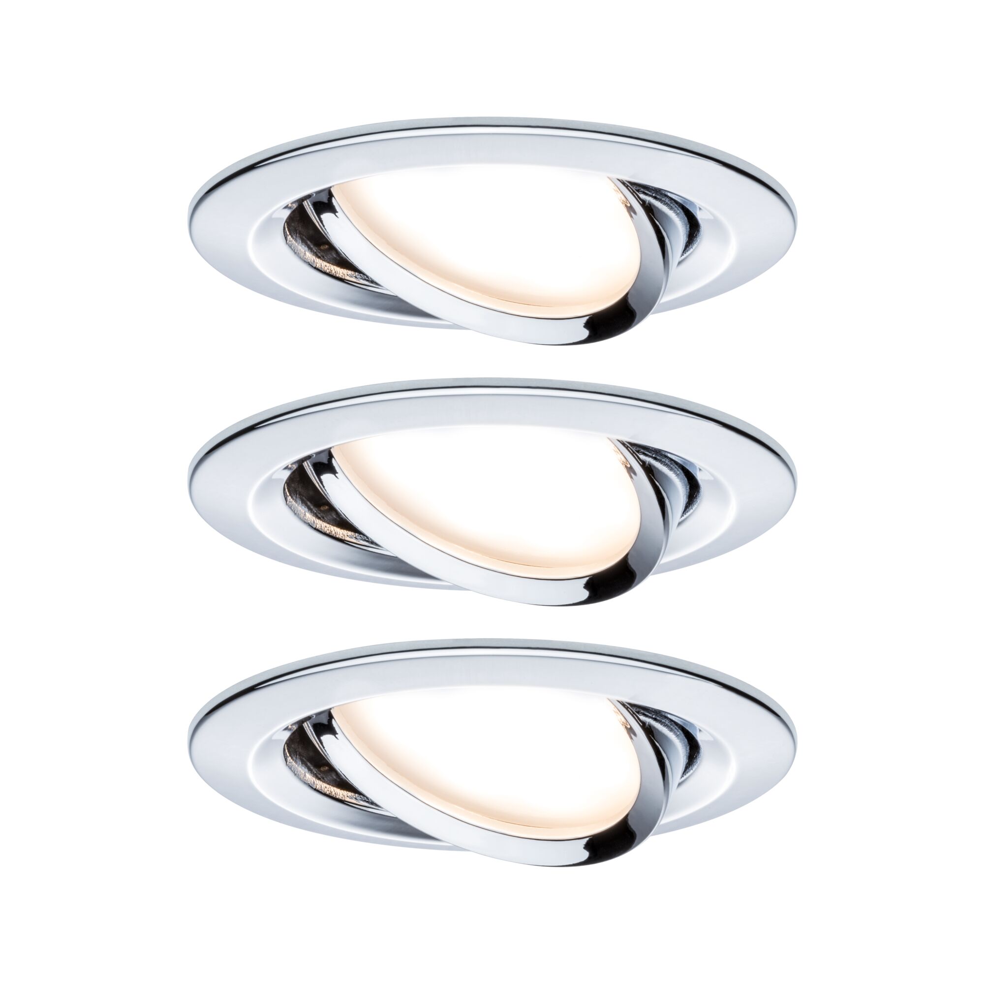 Drei runde Einbaustrahler aus Chrom mit warmweißem Licht für moderne Innenbeleuchtung.