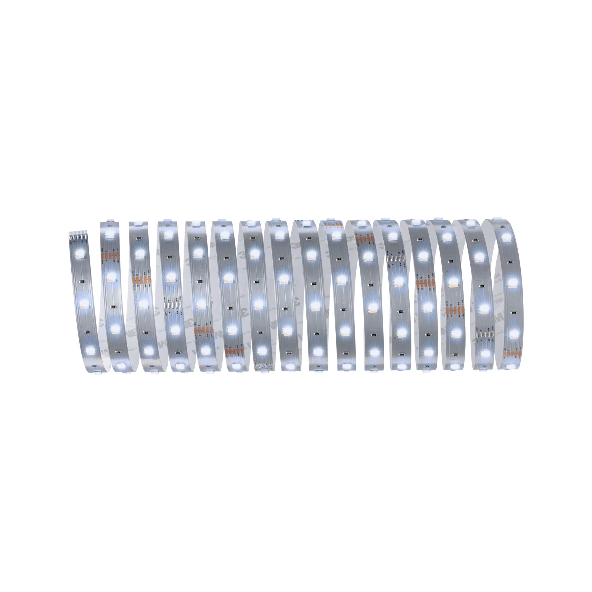 Flexible white LED strip with silver base for modern lighting applications and decoration.