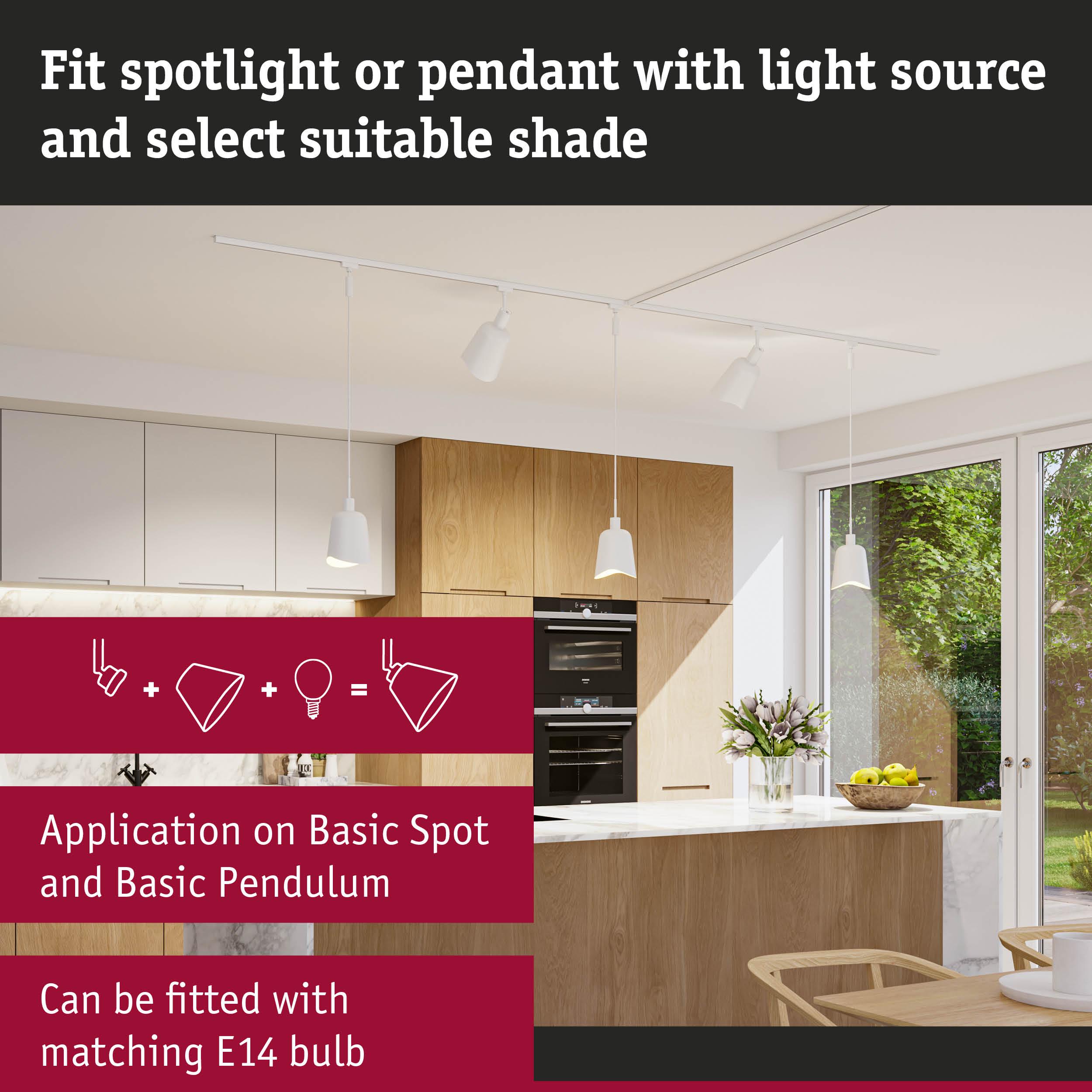 White pendant lights and spotlights in modern kitchen with wood cabinets and E14 bulb fitting