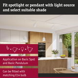 White pendant lights and spotlights in modern kitchen with wood cabinets and E14 bulb fitting