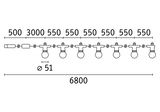 Technical drawing of 6800 mm LED string light with 7 bulbs, each 51 mm diameter, for lighting design.