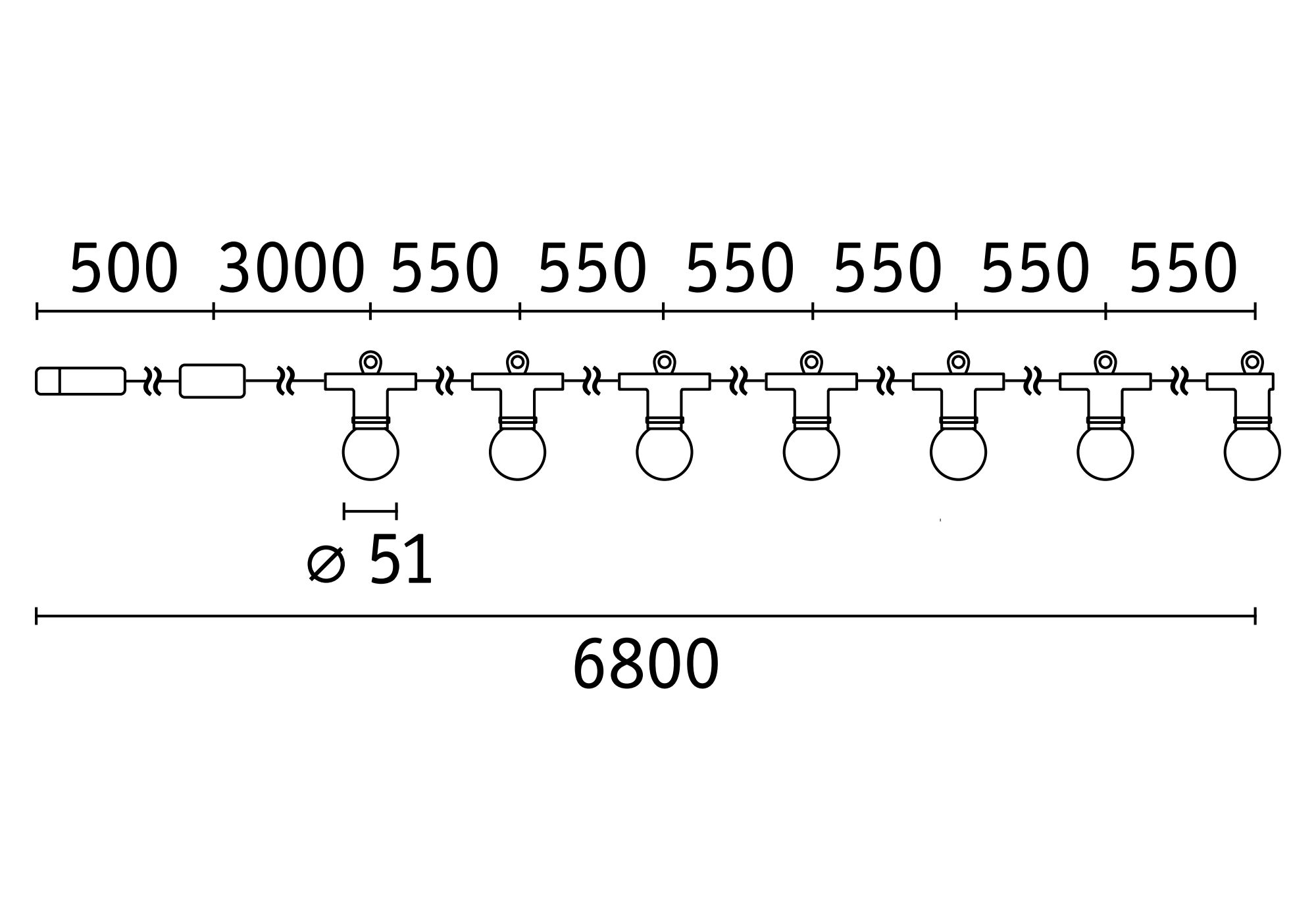 Technical drawing of 6800 mm LED string light with 7 bulbs, each 51 mm diameter, for lighting design.
